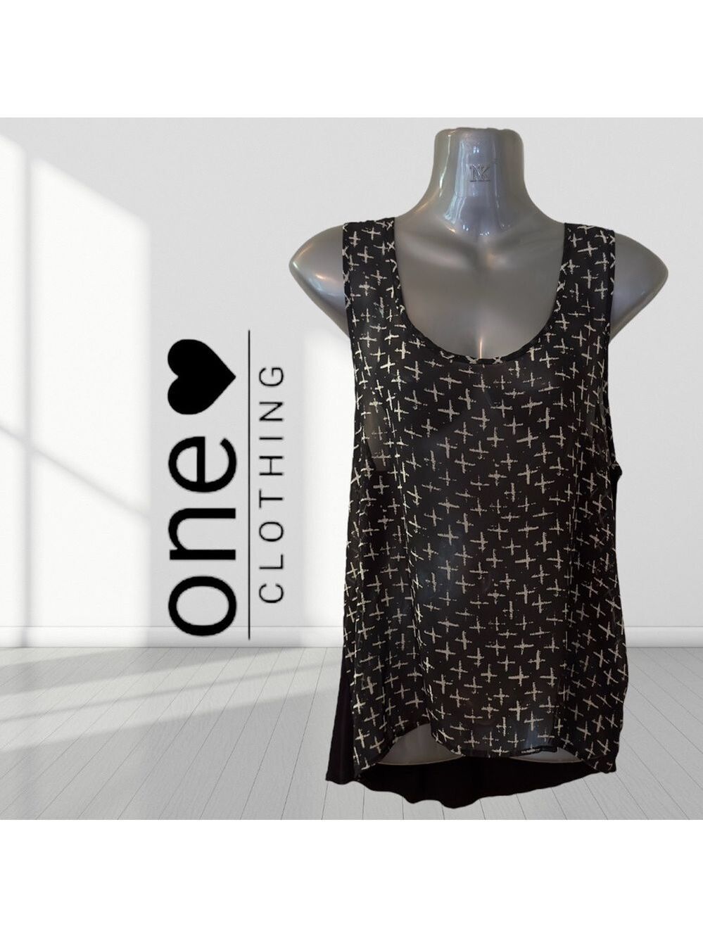 •One Clothing Black Sheer Cross Print Sleeveless Layered Blouse | Size M - Picture 3 of 10